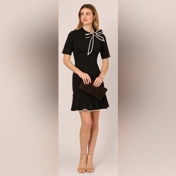Andrianna Papell Kit Crepe Tie Neck Fit and Flare Dress - Picture 2 of 8